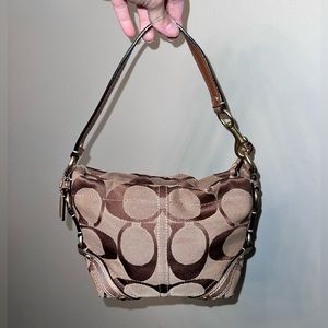 COACH Carly Tan Brown Signature Jacquard Mini Shoulder Bag Gold Leather